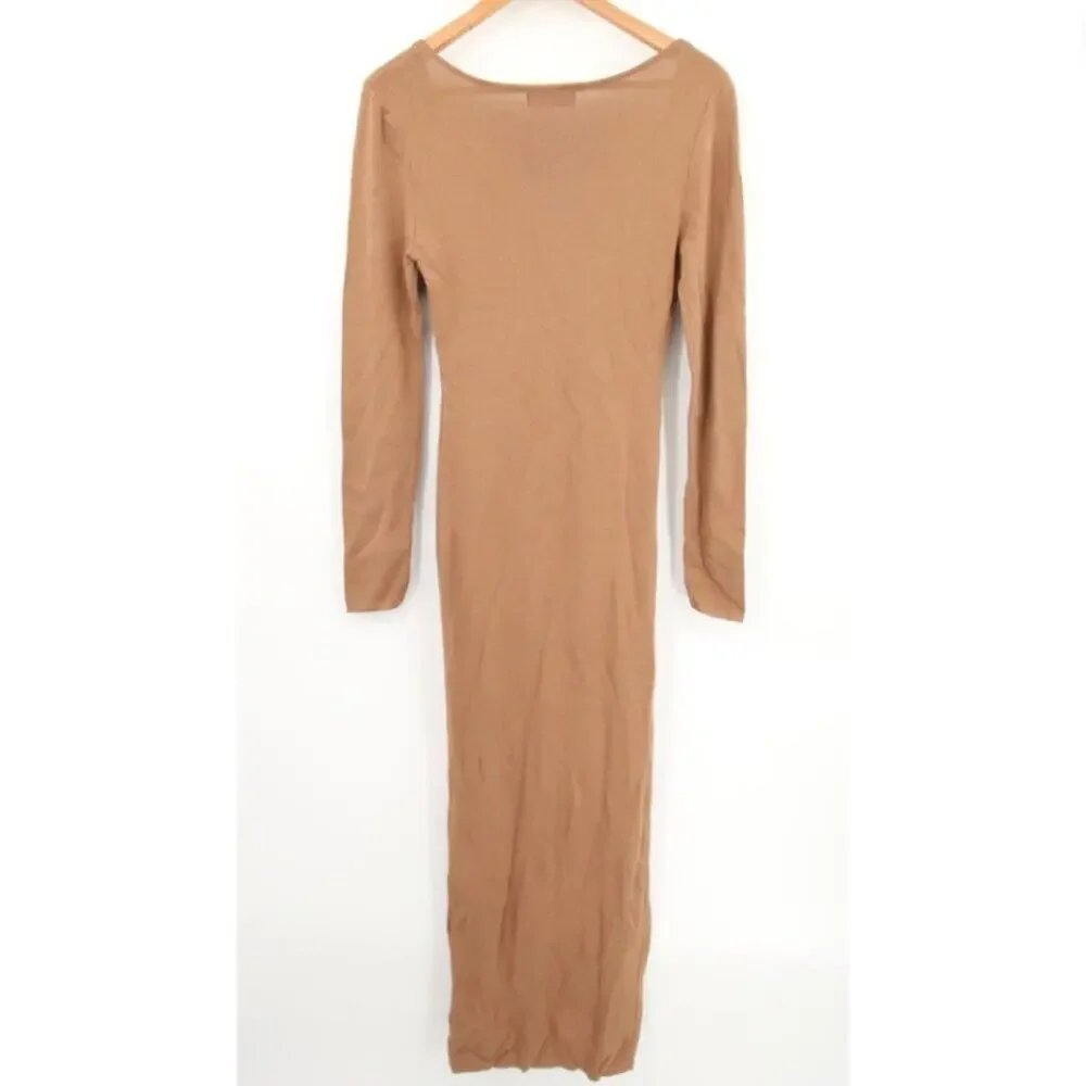 House of CB London Maxi Dress Tan Nude Ribbed Long Sleeve Slit Scoop Neck Large - Picture 11 of 11